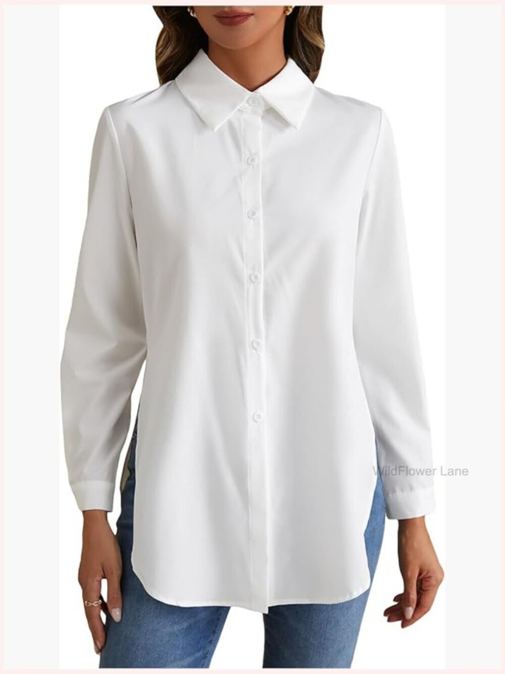 Long Sleeve Button Down Blouse with Split Hem